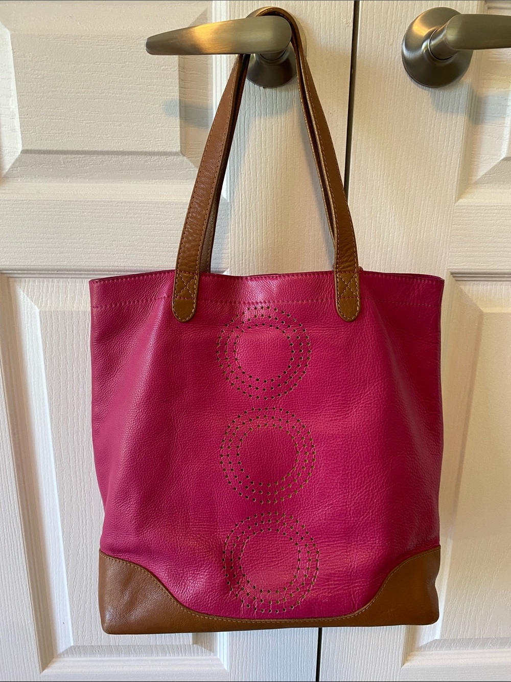 Boden Pink Leather Tote Bag Brown Trim Perforated Circle Detail Shoulder Bag